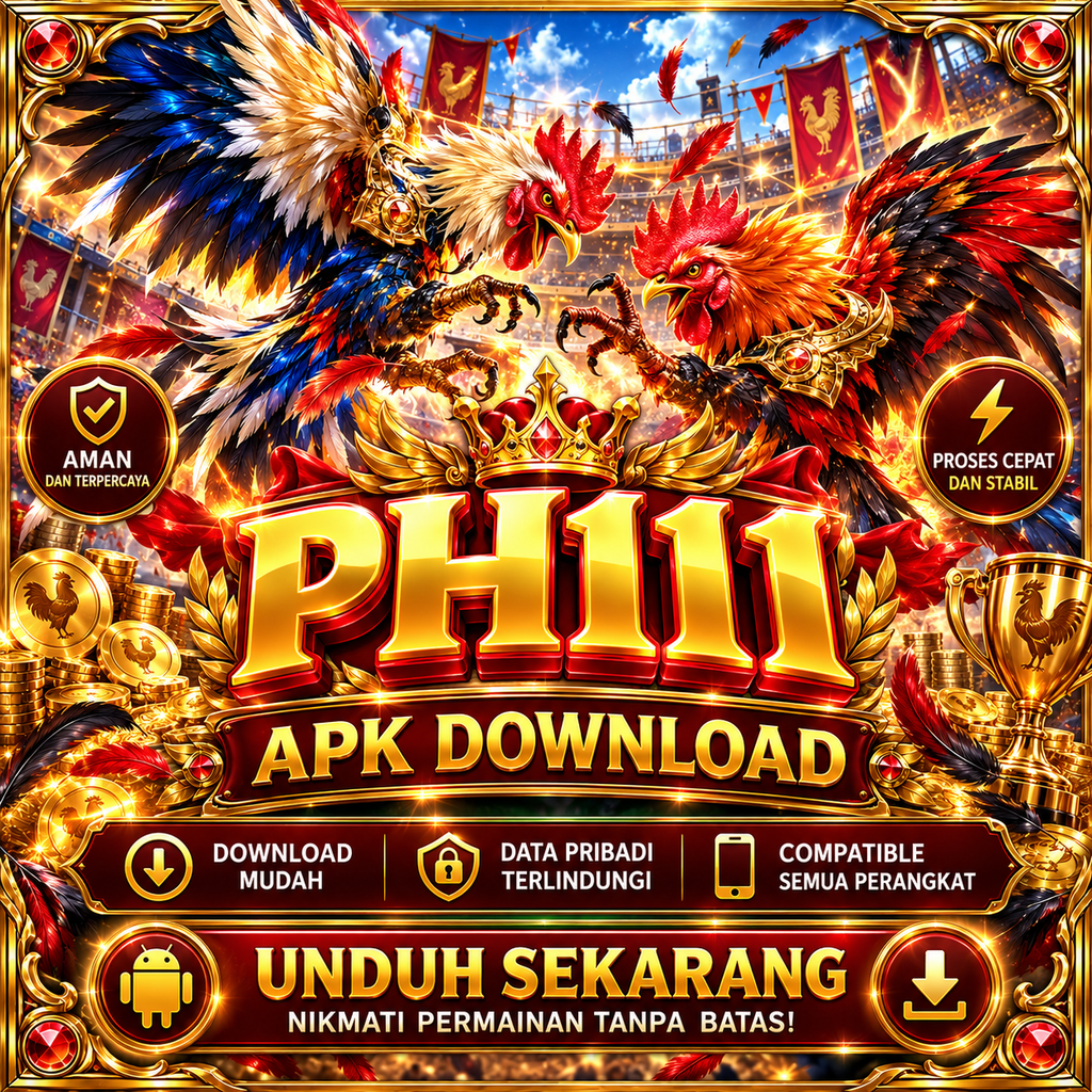 PH111 APK download with two fighting roosters, gold coins, trophies, feathers, and a fiery arena theme