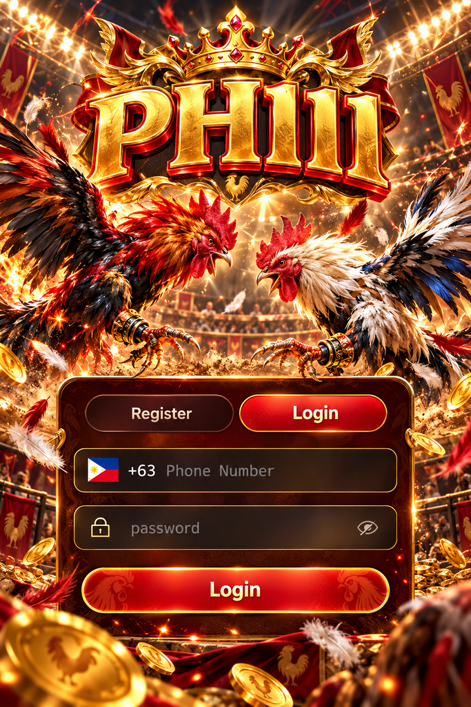PH111 login with a cockfight arena theme featuring two fighting roosters, gold coins, crowns, and fiery effects