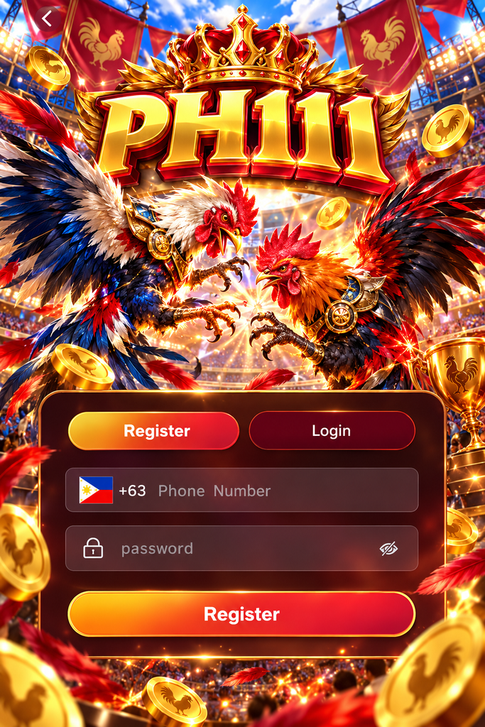 PH111 registration with a cockfight arena theme featuring two fighting roosters, gold coins, crown, and fiery stadium effects